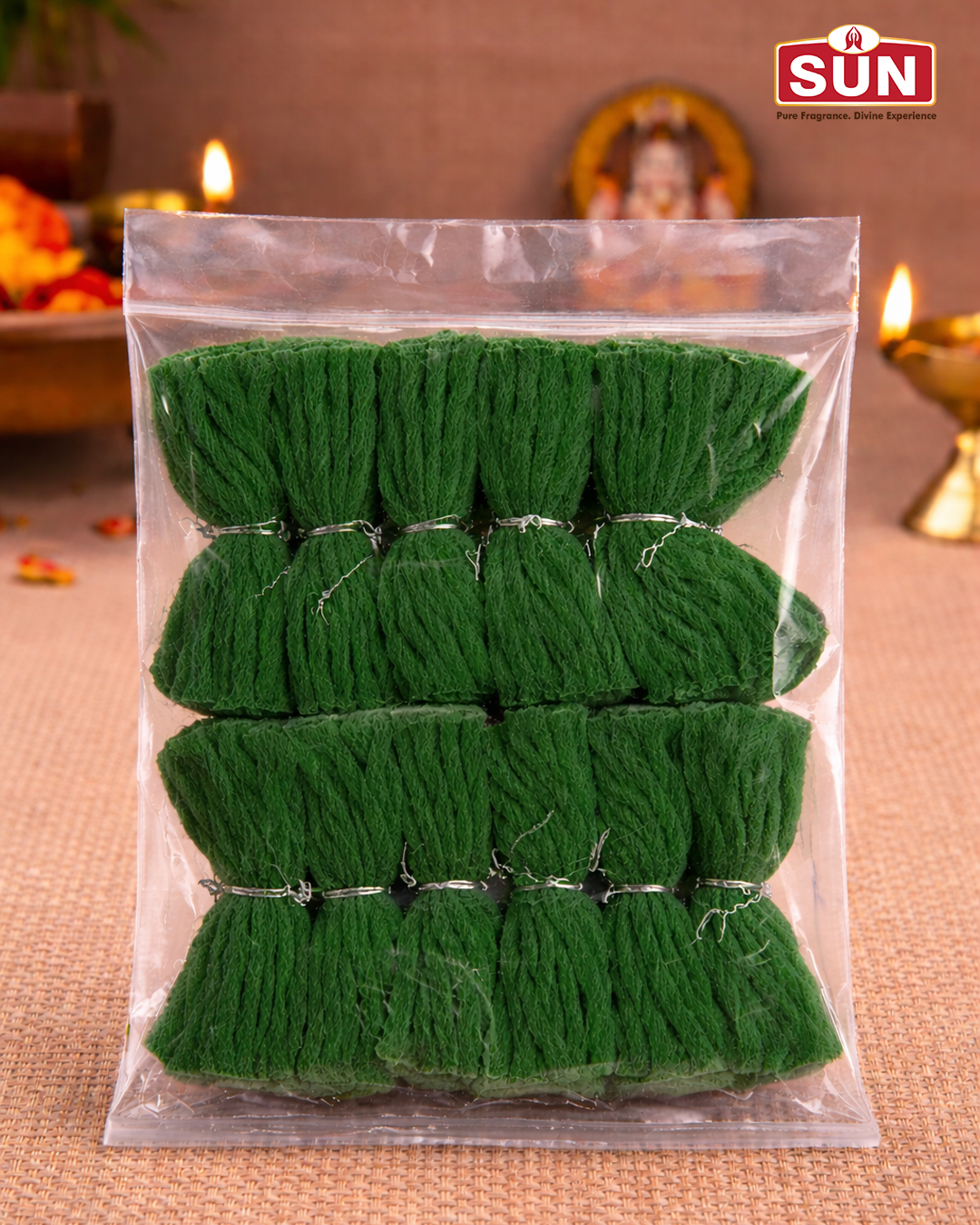 Sun Green Color Cotton Wicks | Premium Pooja Thiri for Deepam & Temple Use