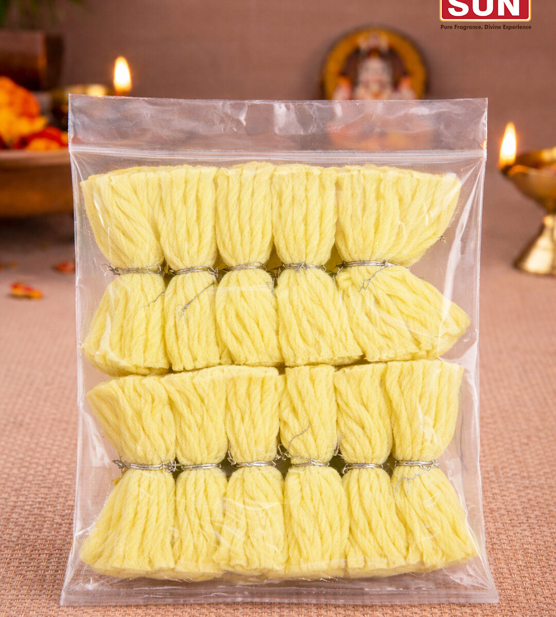 Sun Yellow Color Cotton Wicks | Premium Pooja Thiri for Deepam & Temple Use